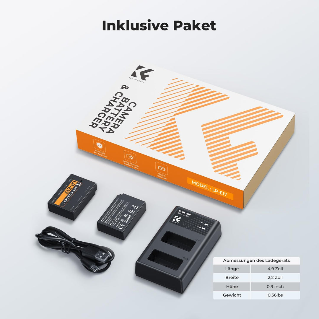 LP-E17 Kameraakkus Ladegerät 1250mAh ，K&F Concept Batterie Ladeset für Canon EOS RP,Rebel T8i,T7i,T6
