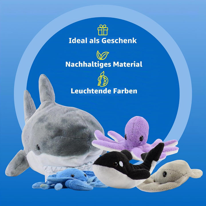 Prextex 38 cm grosser Plüsch-Hai plus 5 weiche Plüsch-Meerestiere, Kuscheltiere Stofftiere wie Oktop
