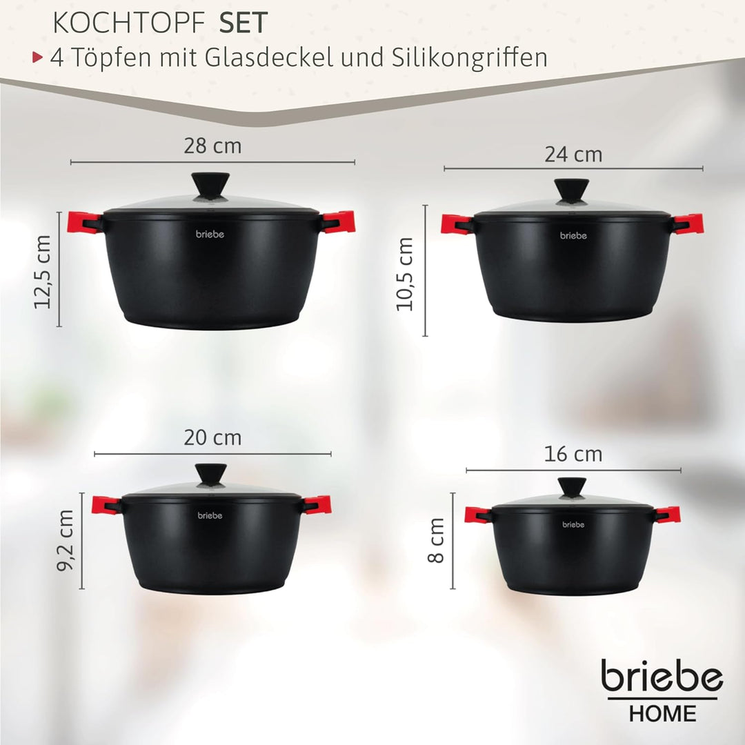 briebe Black Titanium Kochtopf Set Induktion Kochgeschirr 8-Teilig, 4 Töpfen aus Aluminiumguss, Anti