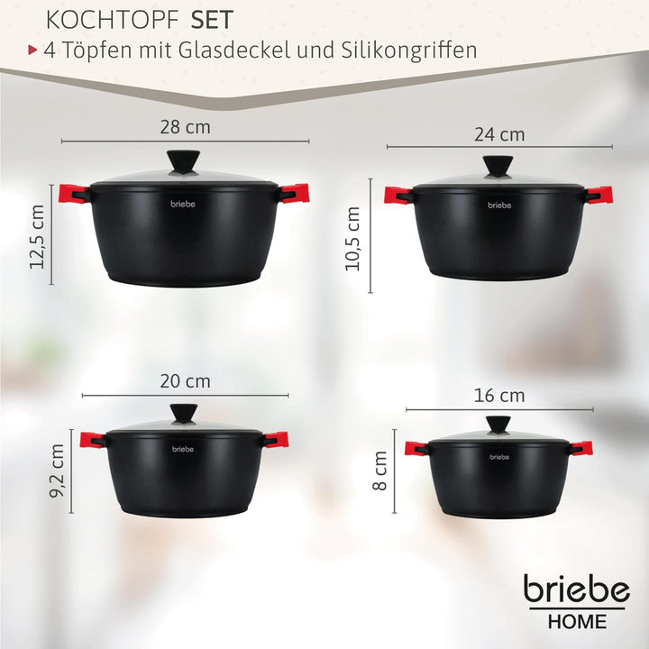 briebe Black Titanium Kochtopf Set Induktion Kochgeschirr 8-Teilig, 4 Töpfen aus Aluminiumguss, Anti