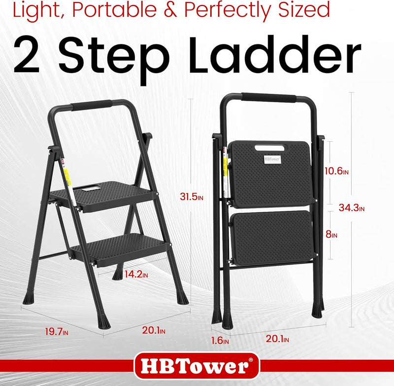HBTower 2-Schritt-Leiter, Faltbarer Schritt-Hocker mit breitem Anti-Rutsch-Pedal, stabile Stahlleite