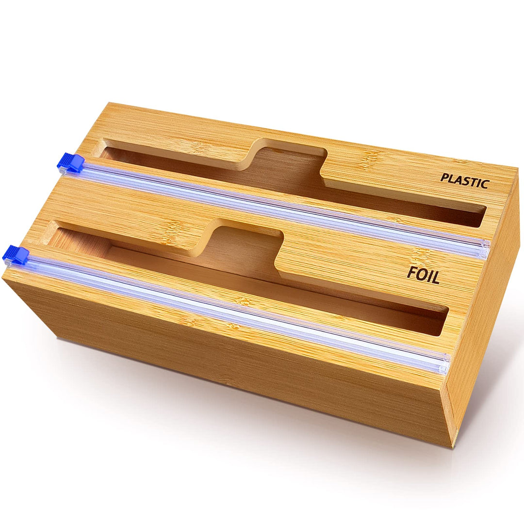 QINGLOU Folienschneider,2 in 1 Folienspender Mit Cutter, Bambus/Folienabroller,Frischhaltefolie, Wac
