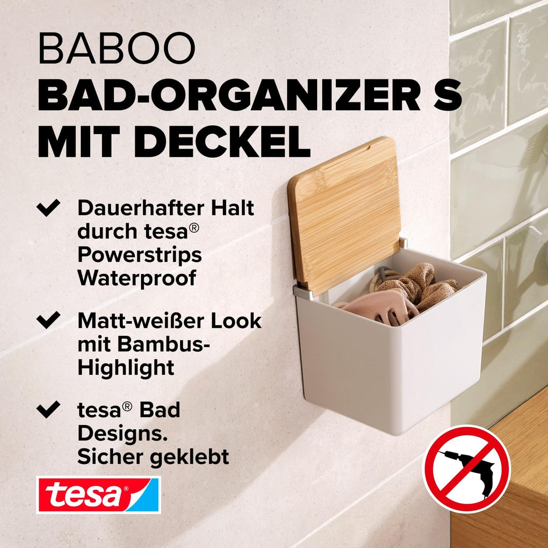 tesa Baboo Badorganizer S mit Bambus-Deckel, matt-weiss - Bad-Aufbewahrungsbox zur Wandmontage ohne