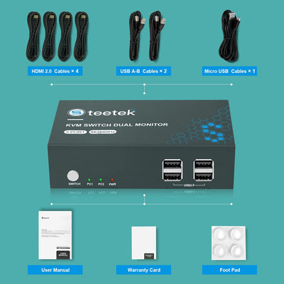 Steetek KVM Switch 2 Monitore 2 Port 4K@60Hz, USB2.0, KVM Switch HDMI unterstützung Button Switch, 2