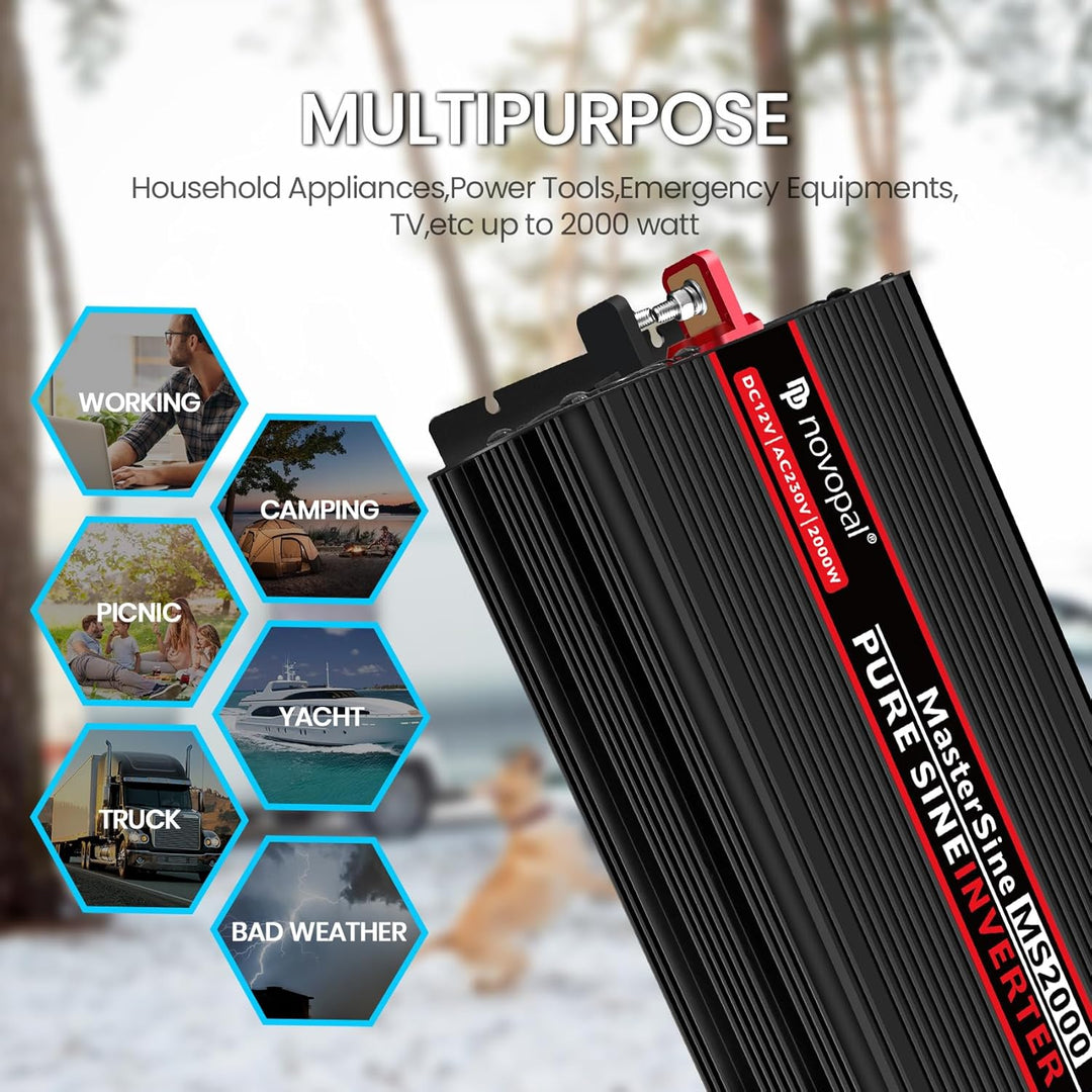 NOVOPAL 2000W KFZ Reiner Sinus Spannungswandler-Auto Wechselrichter 12v auf 230v Umwandler-Inverter