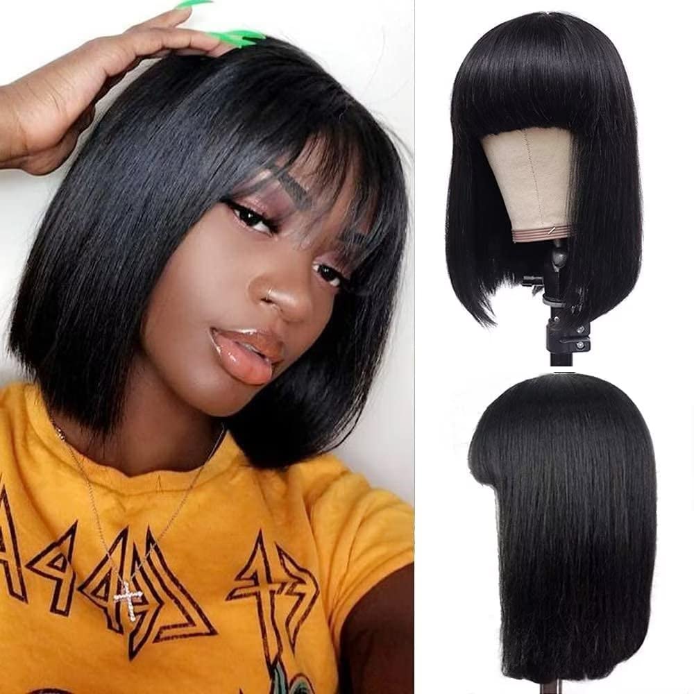 Bob Wig Human Hair Echthaar-Perücken mit Pony Glatt Bob Perücken Echthaar Brasilianische Virgin Echt