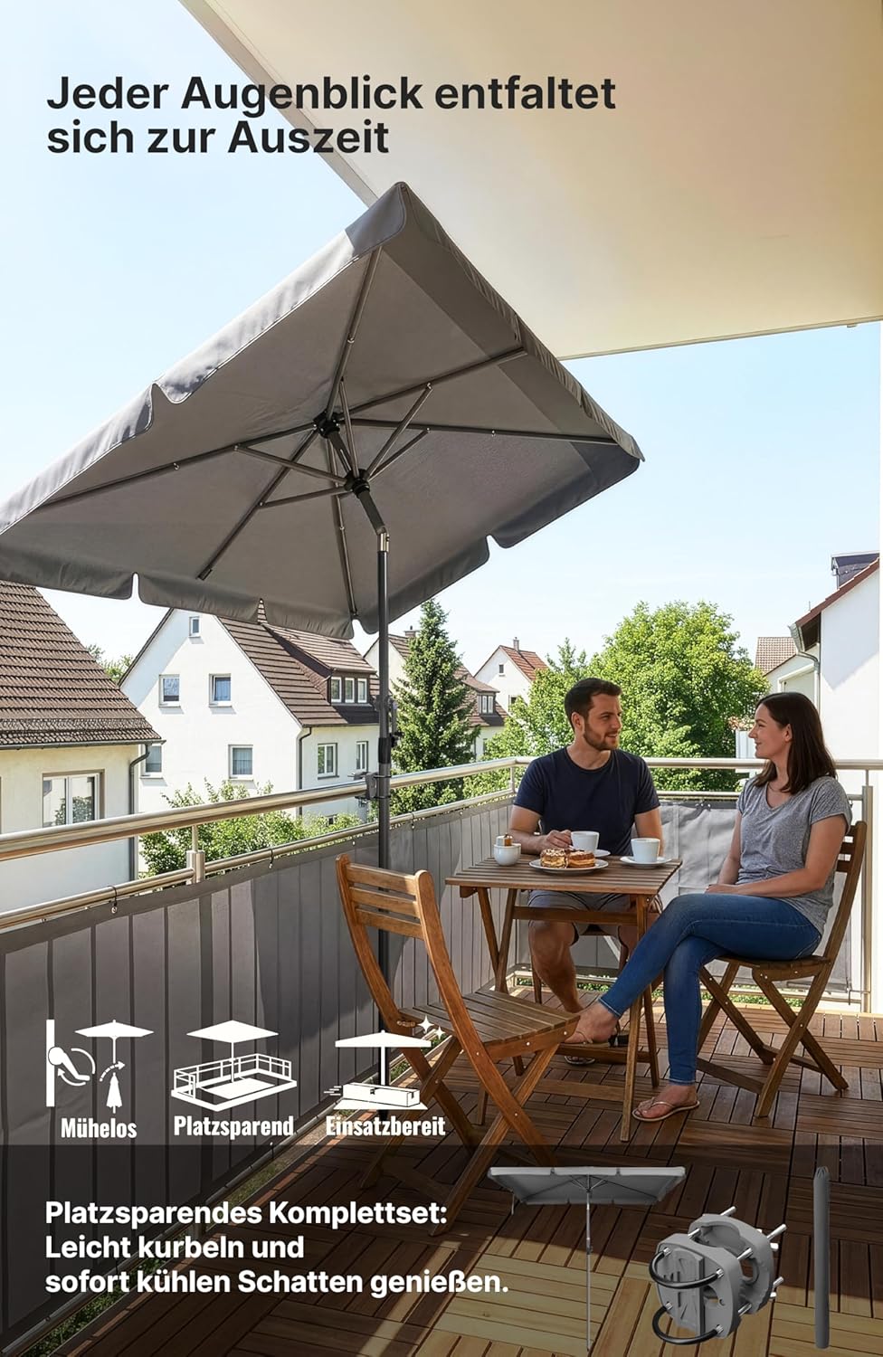 4smile Sonnenschirm Balkon mit Halterung im 3-er-Set, Sonnenschirm rechteckig 210x140 cm, Balkonschi