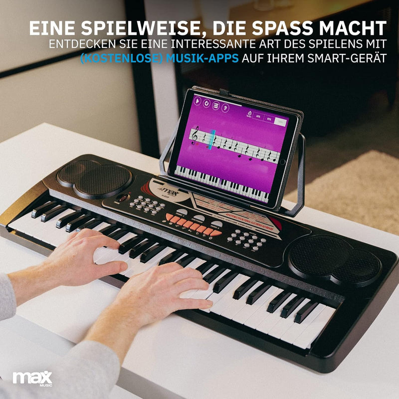 MAX KB8 - Digital Piano Keyboard Kinder Klavier, 49 Tasten, mit Kopfhörer, Notenständer, 6 Demo-Song