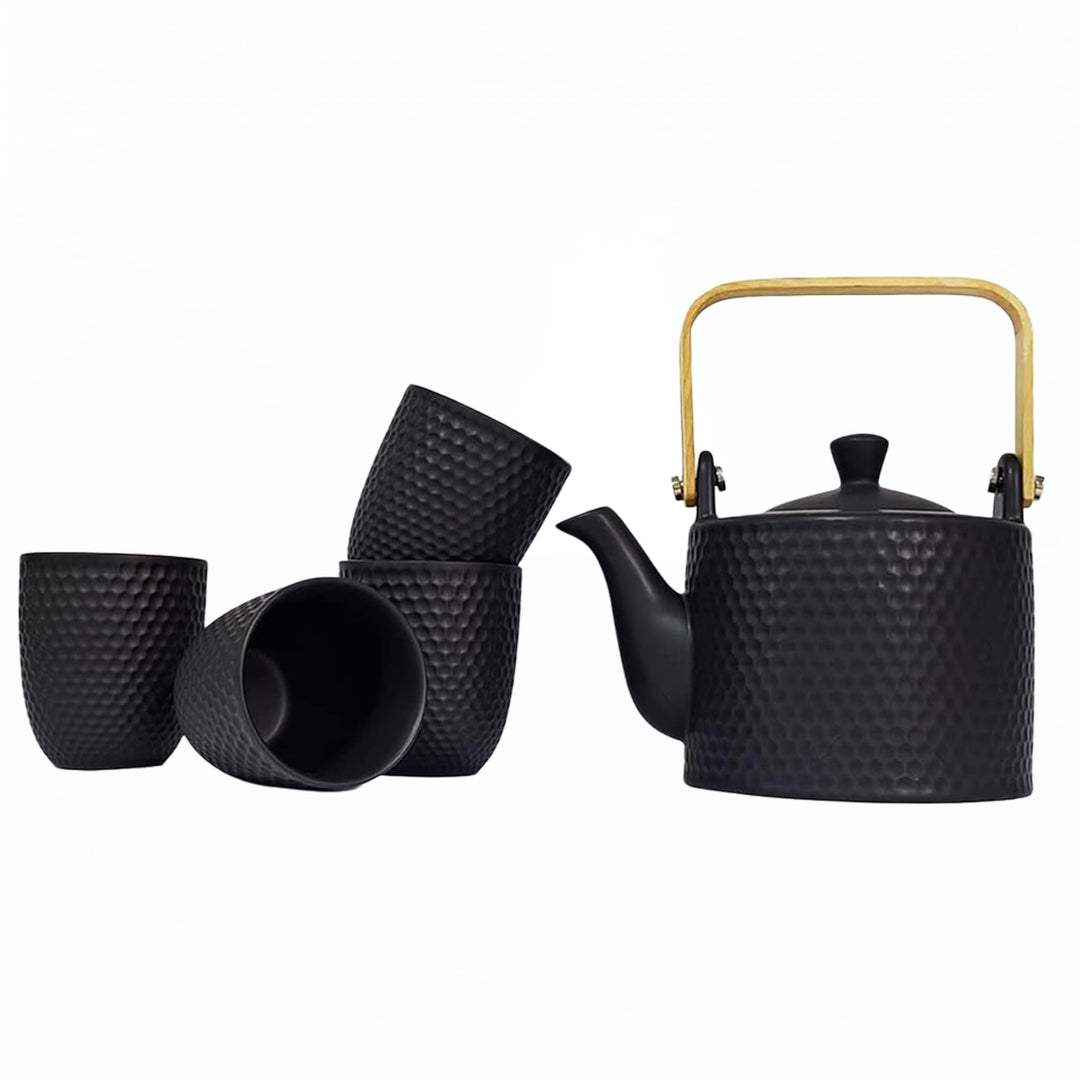 Japanisches Teeservice Keramik Schwarz, Vintage Porzellan Teeset mit Sieb, 900ML Porzellan Teekanne