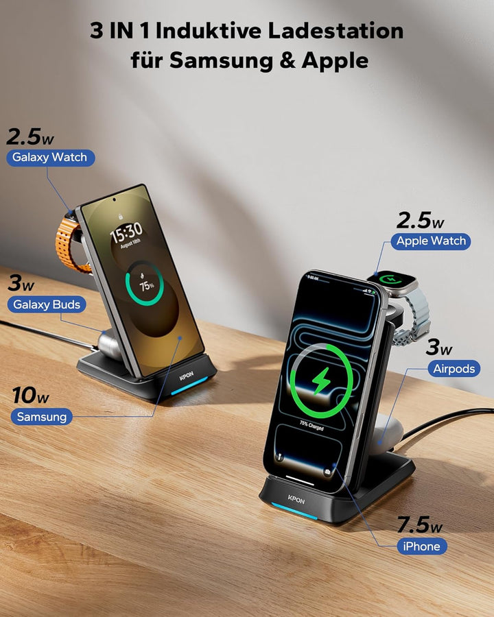 KPON 3 in 1 Ladestation für Samsung Watch und Handy, Faltbar Induktive Ladegerät für Samsung S25 Ult
