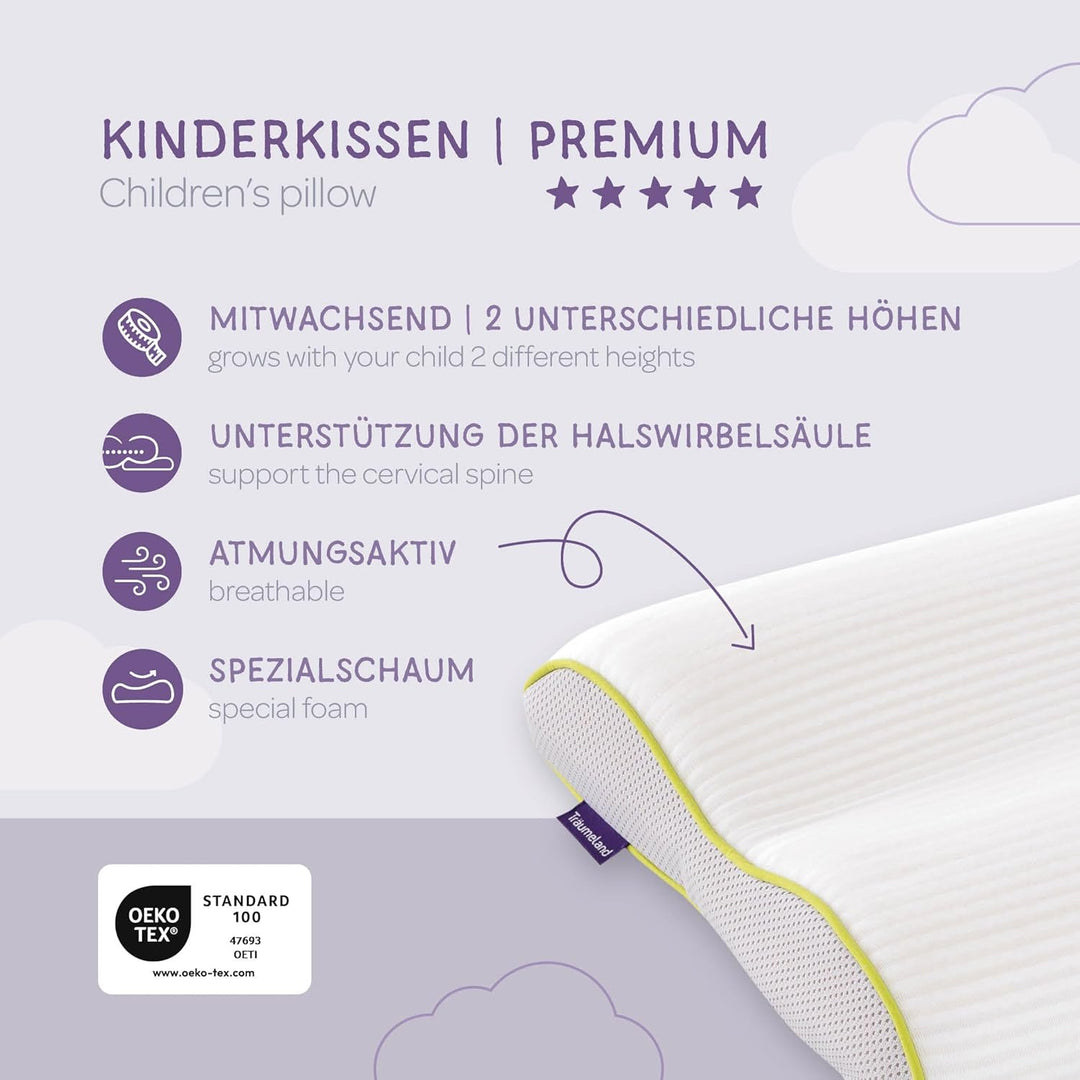Träumeland T065101 Kinderkissen Premium - atmungsaktives und mitwachsendes Kissen, Polyester, für gl