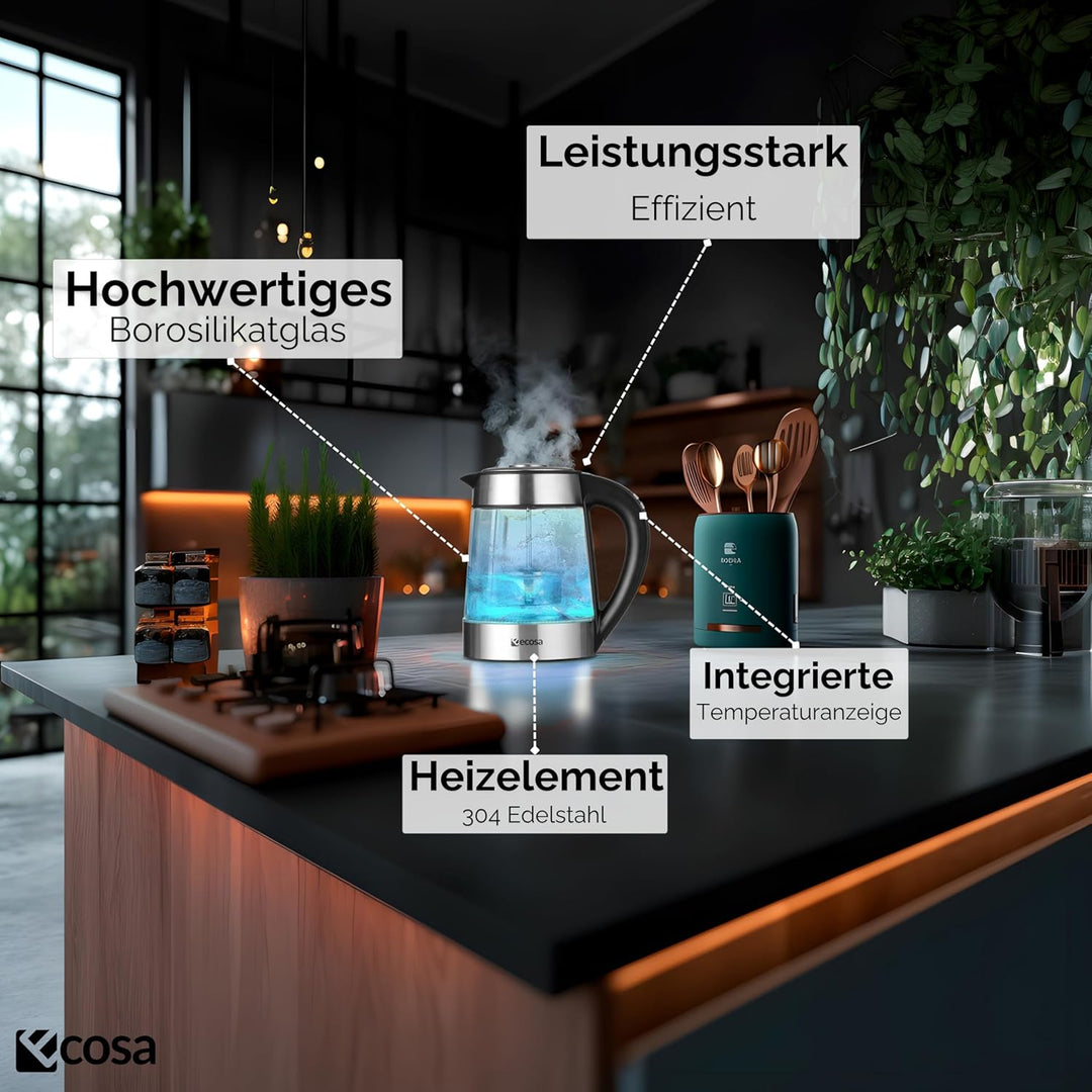 Ecosa® Glas Wasserkocher mit Teesieb und Temperatureinstellung Edelstahl – Teekocher Glas Edelstahl