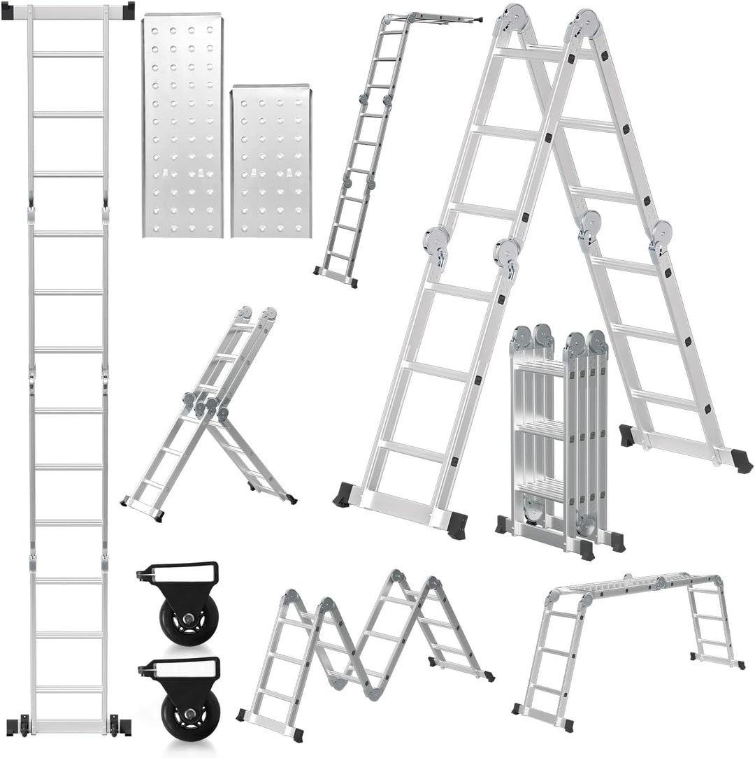 Mehrzweckleiter 4x3, 7in1 Multifunktionsleiter 366CM Alu Vielzweckleiter Klappleiter mit 2 Plattform