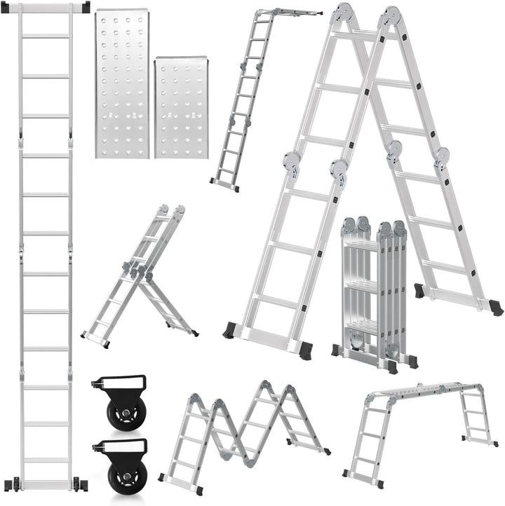 Mehrzweckleiter 4x3, 7in1 Multifunktionsleiter 366CM Alu Vielzweckleiter Klappleiter mit 2 Plattform