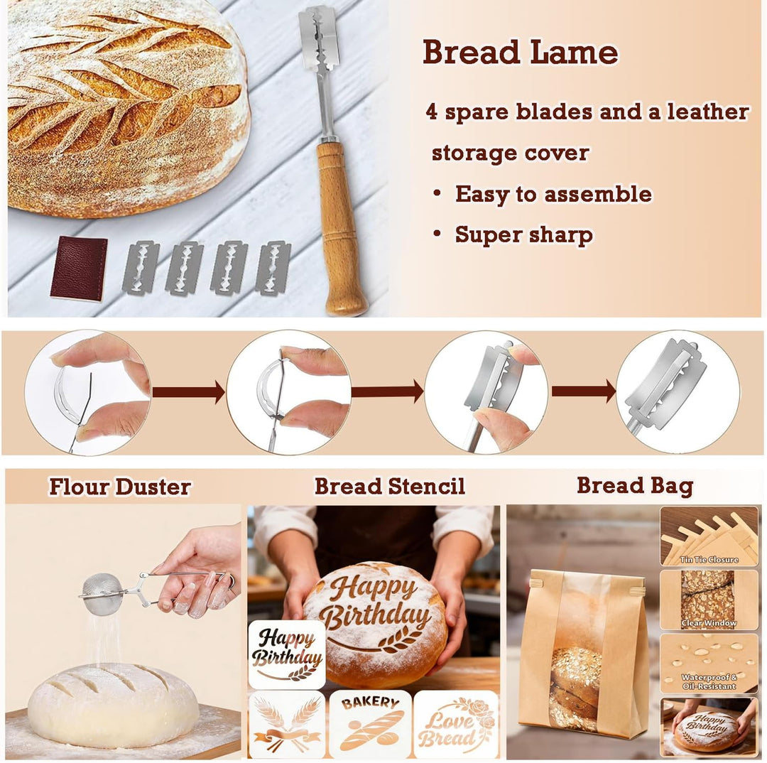 Sauerteig Starter Set, 650ml Gärglas, Klappbare Silikongärkörbe Rund Und Oval，30-Teilig Gärkorb Brot