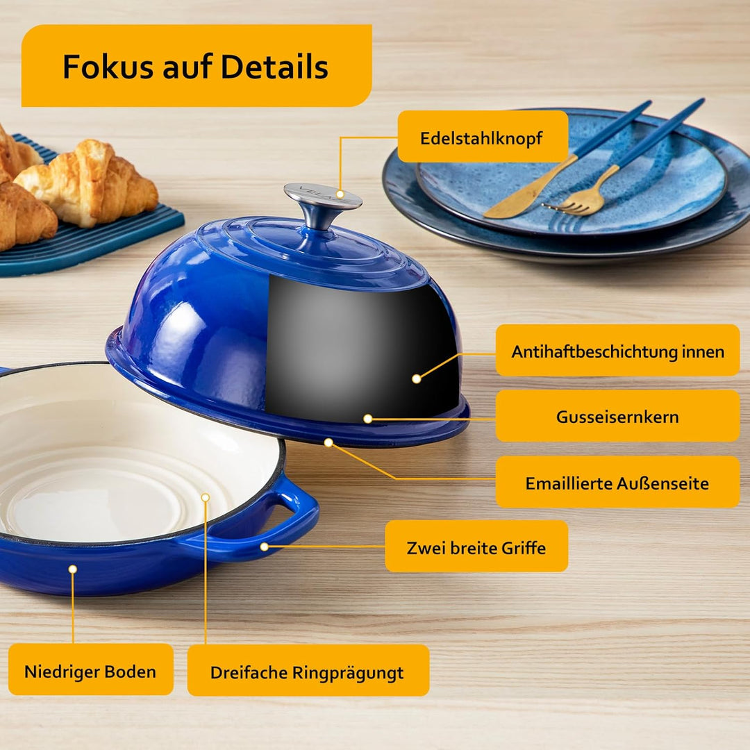 Velaze Emaille Schmortopf mit Deckel und Griffen, 4,8L Gusseisen Topf Brot Backen, 26 cm Brotbacktop