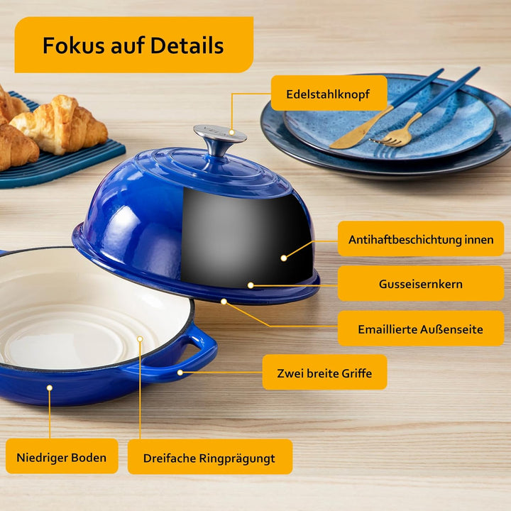 Velaze Emaille Schmortopf mit Deckel und Griffen, 4,8L Gusseisen Topf Brot Backen, 26 cm Brotbacktop