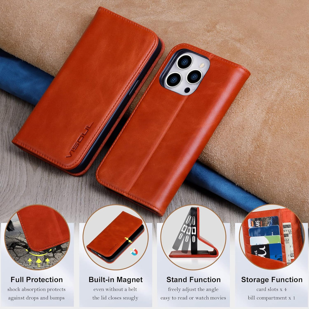 VISOUL Hülle für iPhone 14 Pro Max Handyhülle [Echtleder] [Kartenfach] [Magnet] [Standfunktion], TPU