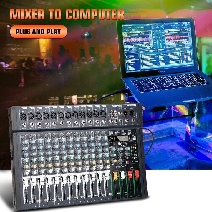 Depusheng FG12 Professioneller 12-Kanal-Audio-Mixer für Computeraufnahmen, Sound-Controller-Schnitts