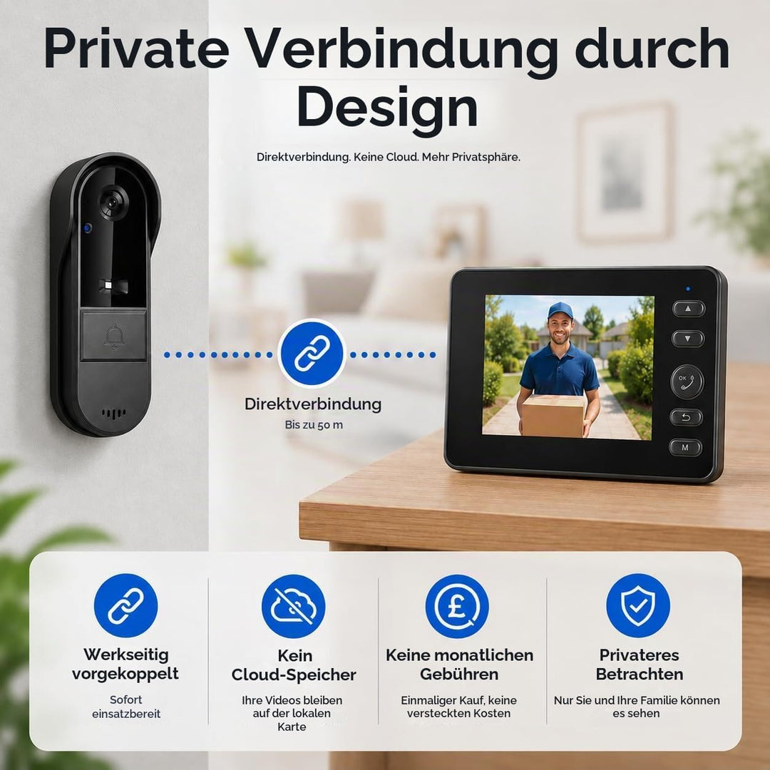 Winnes 1080P Video Türklingel mit Kamera Drahtlose Video Türklingel mit 4,3" Display,170° Weitwinkel