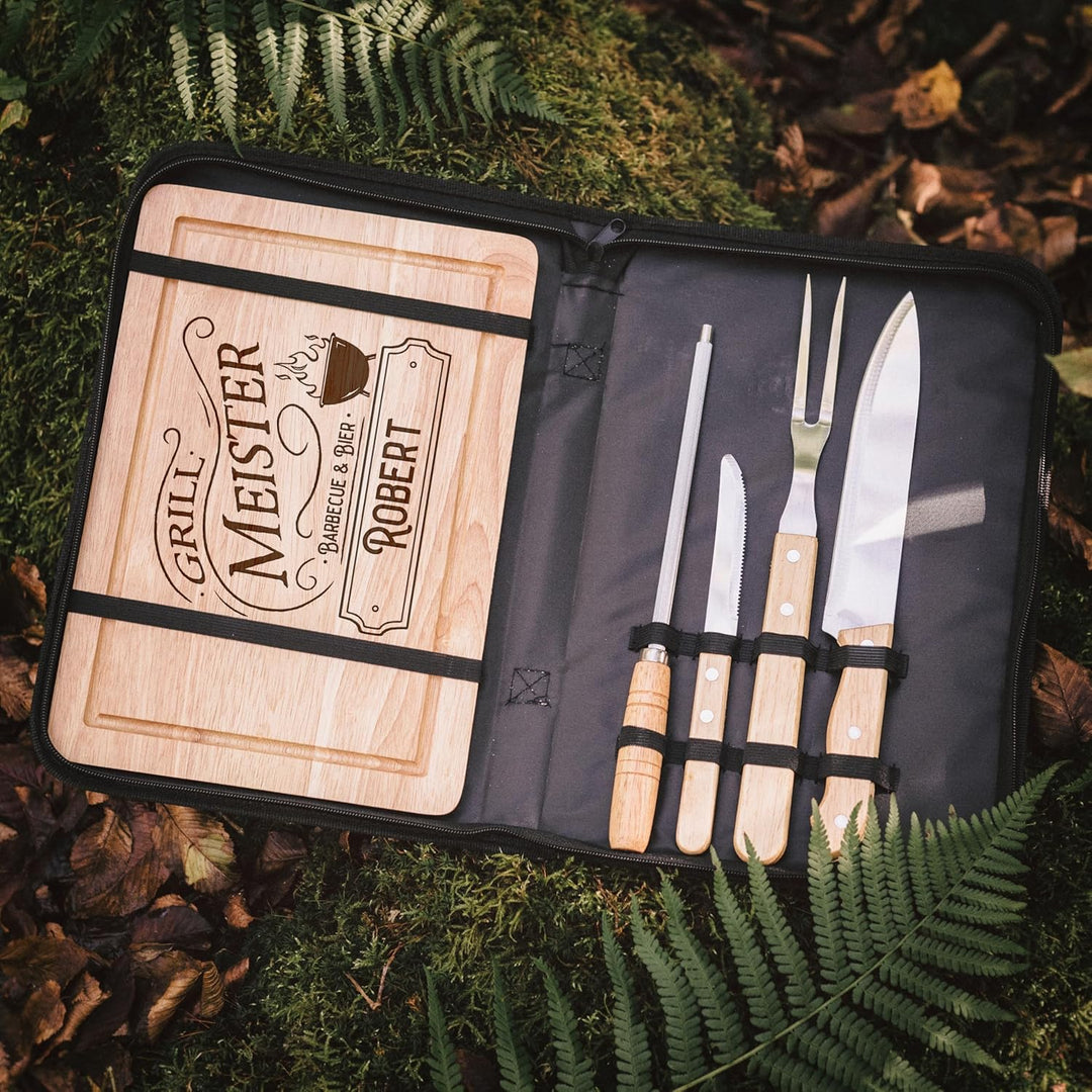 Grillset mit Messer im Messerset, Grillen Geschenk, Grill Accessories, Grillbrett, Geschenke für Män