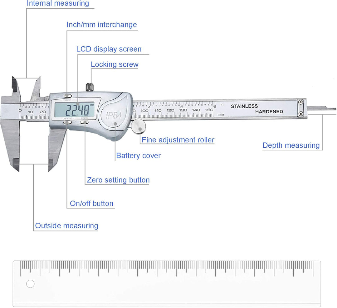 INTIRILIFE Digitaler Messschieber in Silber – 150mm / 6 Zoll IPX54 wasserdichte Edelstahl Schieblehr