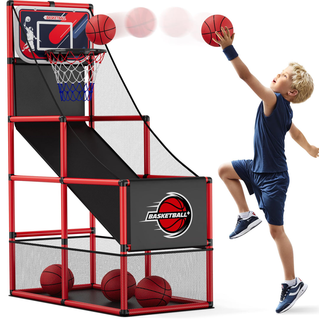 HYES Basketball Arcade Spiel, Kinder Basketballständer mit 4 Bällen, Single Shot Basketballkorb Indo
