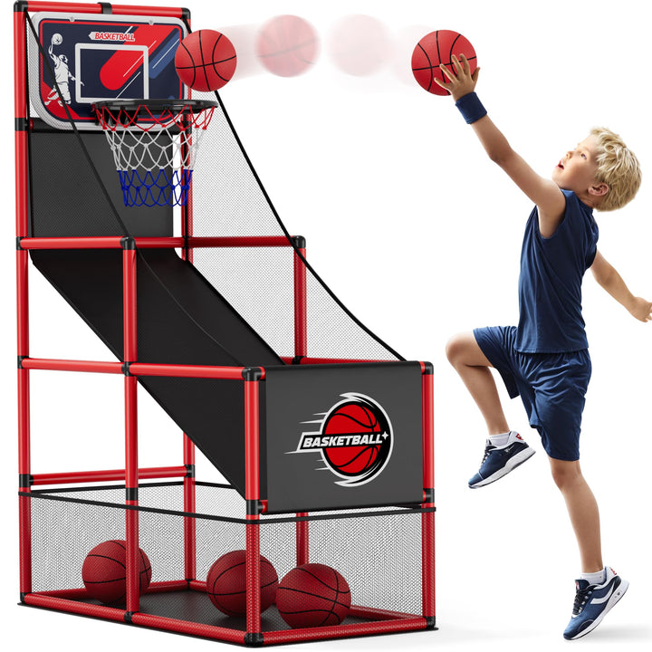 HYES Basketball Arcade Spiel, Kinder Basketballständer mit 4 Bällen, Single Shot Basketballkorb Indo