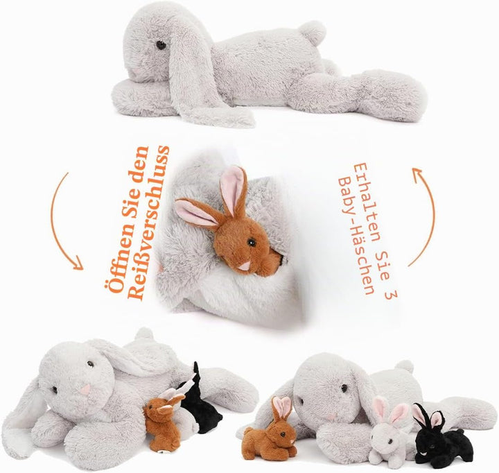 MorisMos Hase Kuscheltier XXL, 60cm Riesen Plüschtier Hase mit 3 Baby, Gross Plüschhase Stofftier We