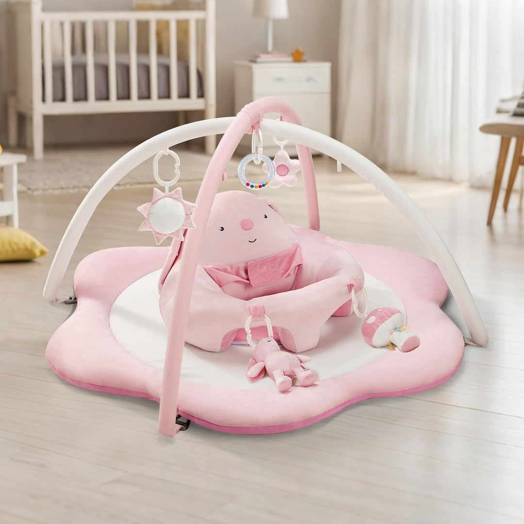 3-in-1 Baby Spielmatte mit Sitzhilfe – Blumenförmige Krabbelmatte &amp; Baby Gym mit 5 Abnehmbaren Spiel