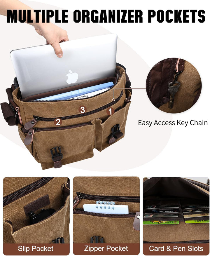 RAVUO Umhängetasche Herren, 17 Zoll Laptoptasche Aktentasche Wasserdichte Canvas Gross Arbeitstasche