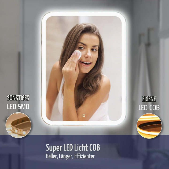 Venti 50x70cm Vertikaler Badezimmerspiegel mit LED Beleuchtung, Beleuchteter Badspiegel mit Touch Sc