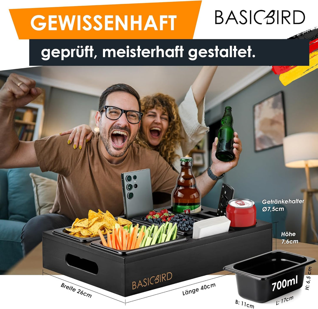 Couchbar Snackbox - Organizer Tablett- Snackspender mit 3X Snackschale - Holz Sofatablett für Sofa,