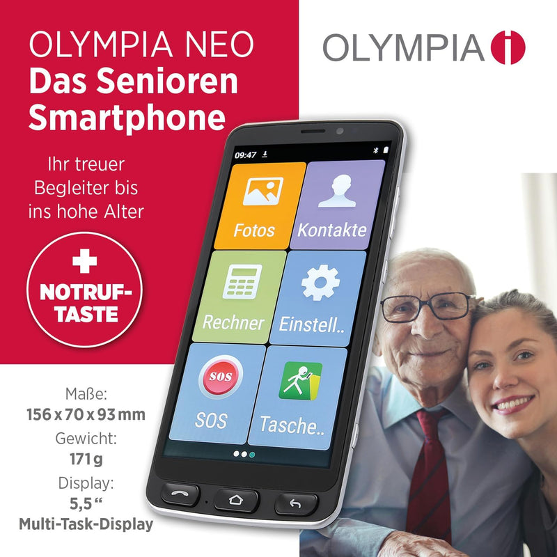 Olympia Neo 16 GB Smartphone für Senioren | Extragrosse Darstellung | Hörgerätekompatibel | Notrufta