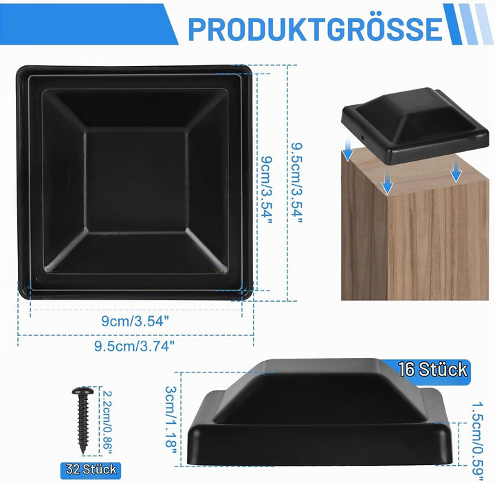 16 Stück Pfostenkappen 9x9 cm, Abdeckkappen für Pfosten, Zaunpfosten Kappen, Kunststoff Pfostenkappe