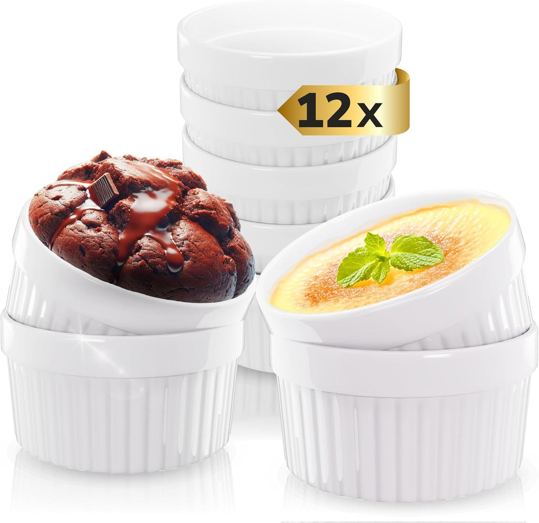 ToCi 12 x Soufflé Förmchen Ø 9 cm - Creme Brulee Schälchen | Ofenfeste Keramik Förmchen je 185 ml |