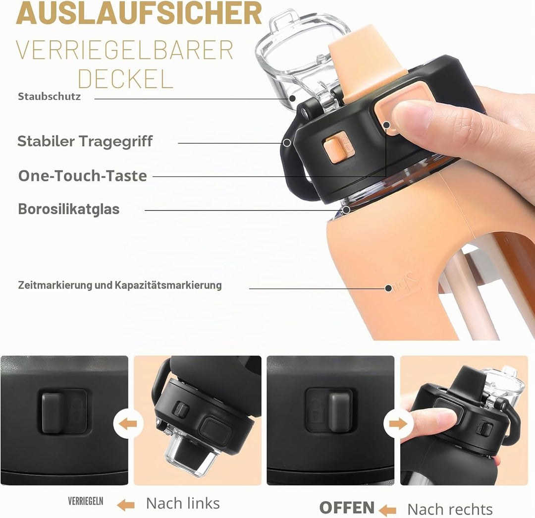 BLUEGO 700ml Trinkflasche Glas mit Strohhalm und Griff Auslaufsichere Wasserflasche mit Silikonhülle