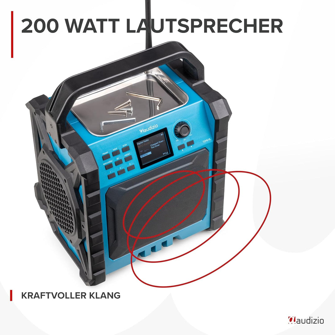 Audizio Jobsite XL - Baustellenradio DAB Plus Radio mit Bluetooth 5.0, Akku 15h, 200 Watt, IP54 Wass