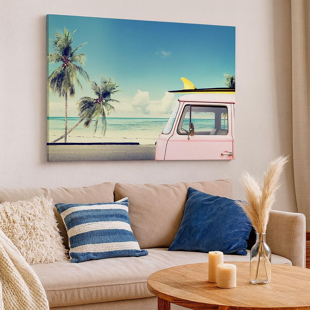 Bilder auf Leinwand 100x70cm Leinwandbild Auto Surfbrett Strand Ozean Gross Wanddeko Bild Schlafzimm