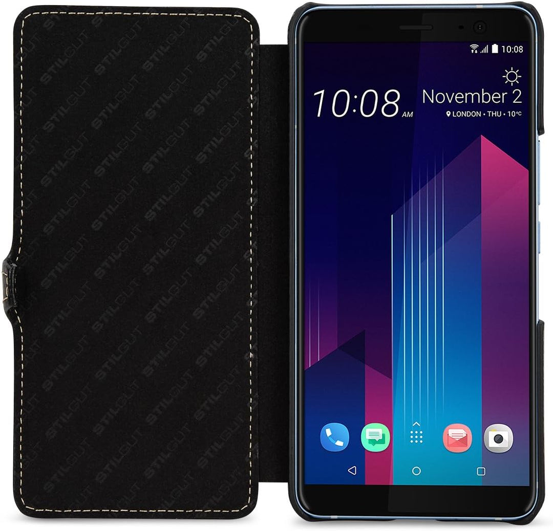 STILGUT Book Type Case, Hülle Leder-Tasche für HTC U11+ (U11 Plus). Seitlich klappbares Flip-Case au