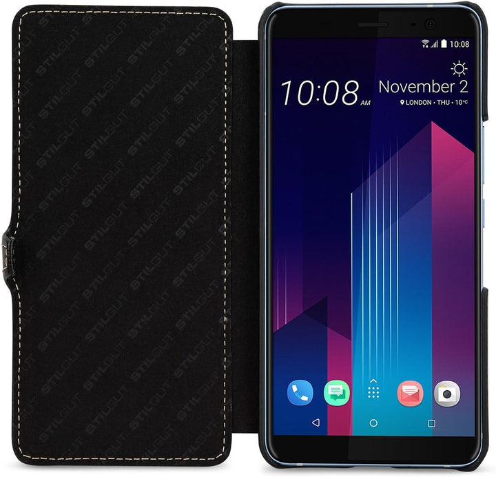 STILGUT Book Type Case, Hülle Leder-Tasche für HTC U11+ (U11 Plus). Seitlich klappbares Flip-Case au