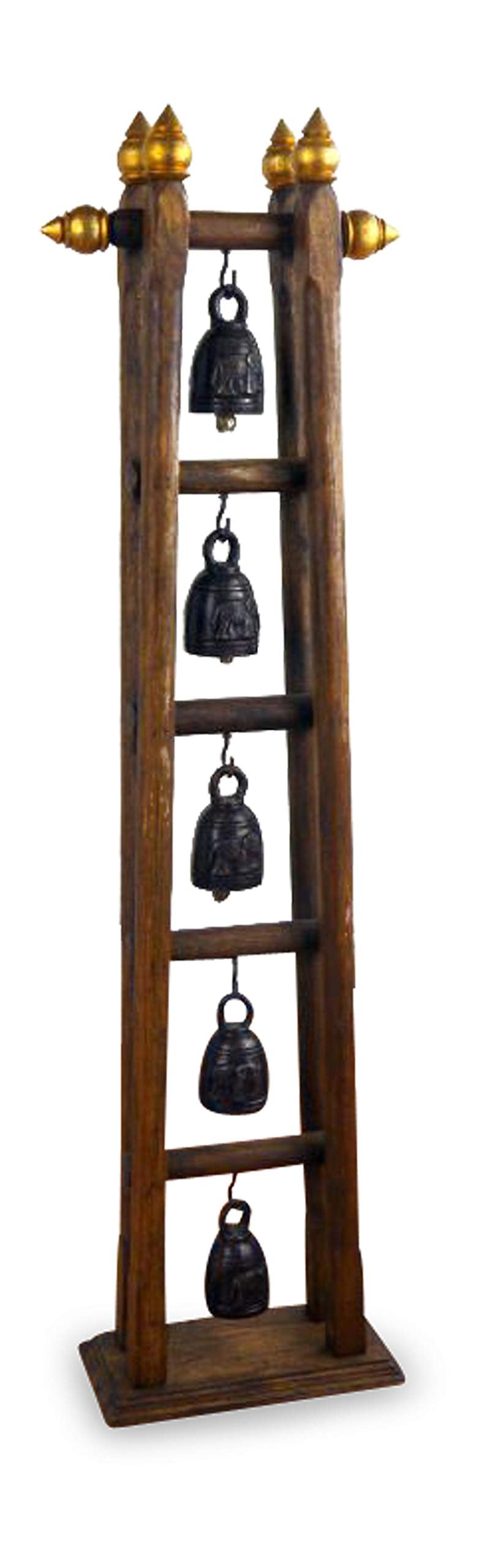 livasia Asiatisches Glockenspiel mit 5 Glocken Bronze Teakholzständer (Handarbeit)
