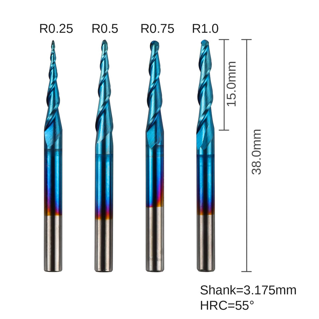 Genmitsu 4 Stück 2-Nuten- Kugelkopffräser mit konischer Spitze, Vollhartmetallfräser mit Nano Blue-B