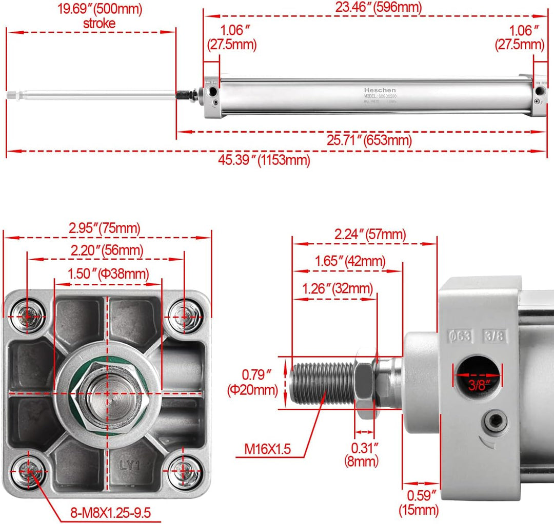 Heschen Pneumatischer Standard-Luftdruckzylinder, SC 63-500, PT3/8 Anschluss, 63mm Bohrung, 500mm Hu