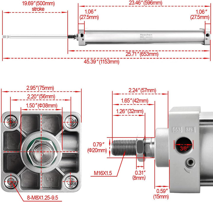 Heschen Pneumatischer Standard-Luftdruckzylinder, SC 63-500, PT3/8 Anschluss, 63mm Bohrung, 500mm Hu
