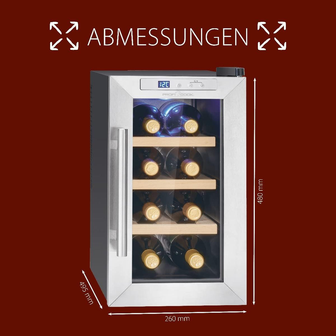 ProfiCook® Weinkühlschrank für 8 Flaschen, Getränkekühlschrank mit UV-beständiger Glastür, Weinkühle