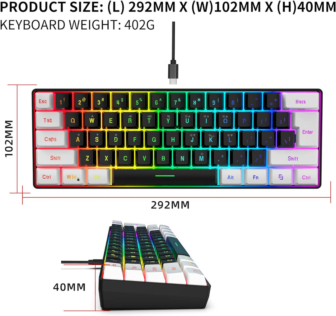 Snpurdiri 60% Percent Gaming Tastatur, Ergonomische Kleine Mini Gaming Tastatur, Silent Compact RGB