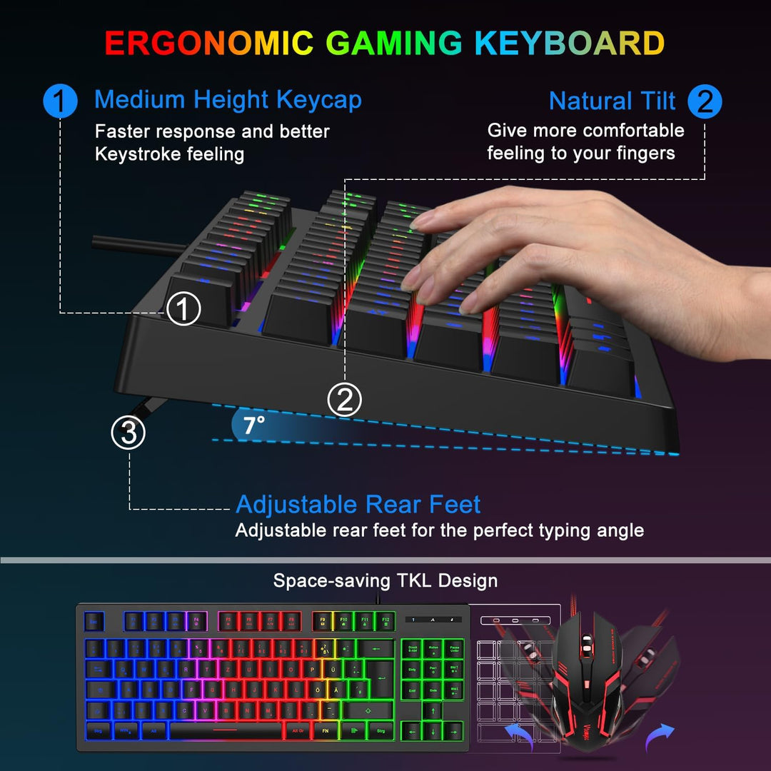 Gaming Tastatur und Maus Set, QWERTZ DE Layout, 75% TKL, RGB Hintergrundbeleuchtete Kabelgebundene T