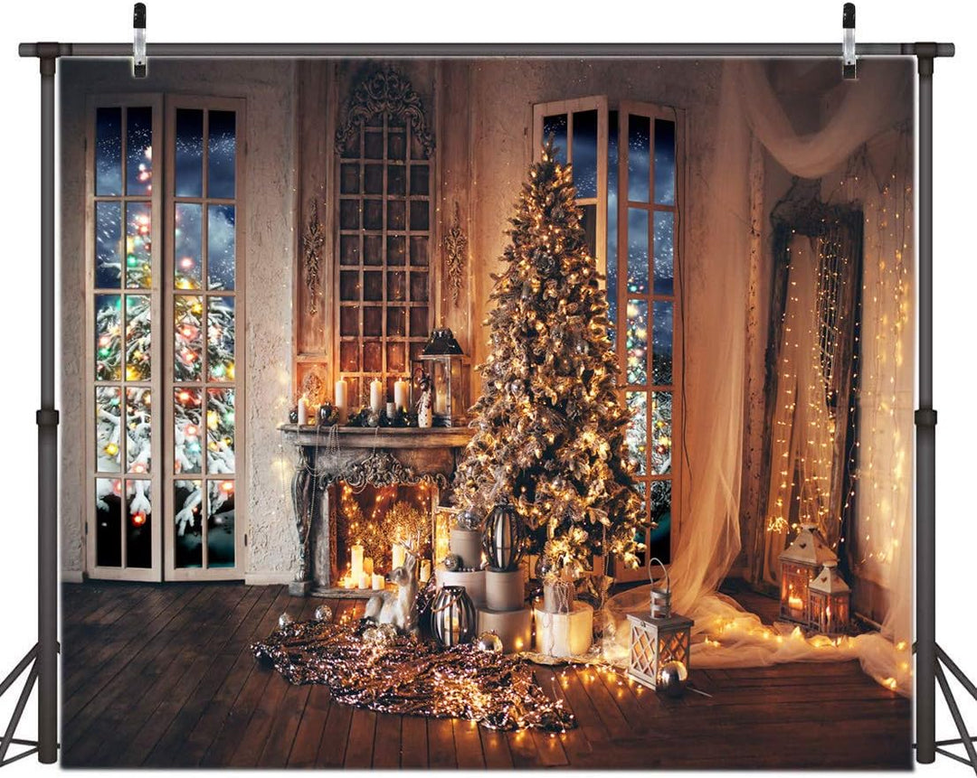 AIIKES 10x8FT Weihnachtsbaum Hintergrund Winter Indoor Fenster Öllampe Kerze Kamin Fotografie Hinter