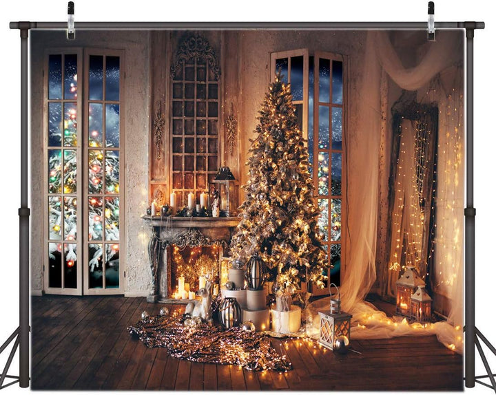 AIIKES 10x8FT Weihnachtsbaum Hintergrund Winter Indoor Fenster Öllampe Kerze Kamin Fotografie Hinter